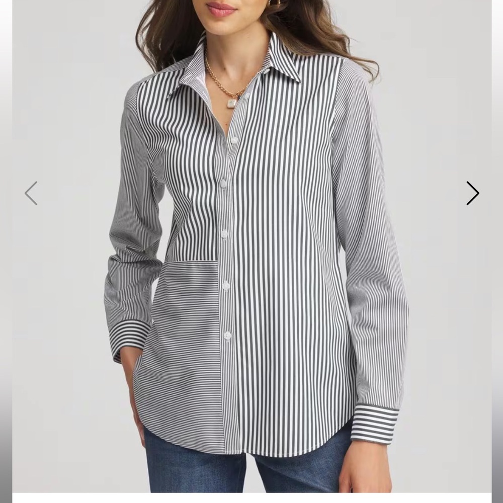 Chico’s No Iron Color Block Striped Button Down Shirt, 3.5, Green/White, EUC
